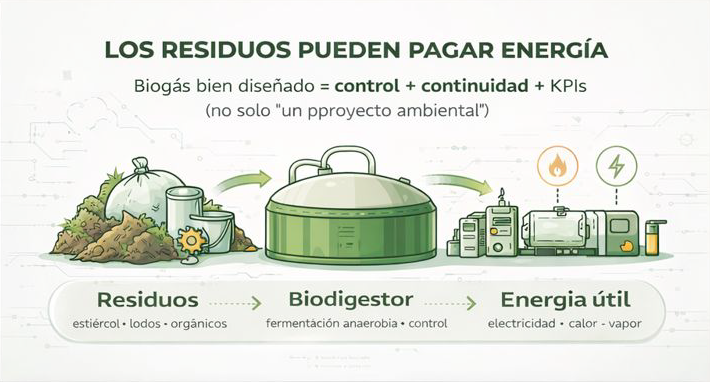 Los residuos pueden pagar energía: residuos → biodigestor → energía útil + digestato
